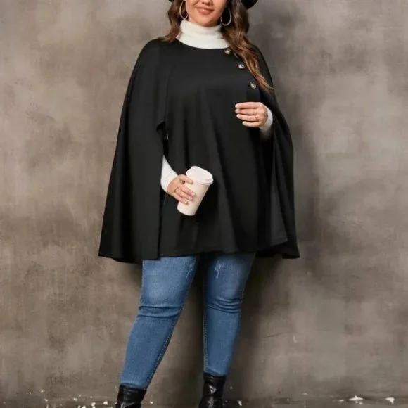Plus Size Black Button Front Cloak Sleeve Coat Jacket cape - Picture 4 of 4